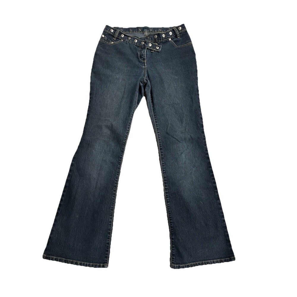 Women's Low Rise 90's Y2K Studded Crossover Waistband Flare Dark Jeans Sz 31 / 9 - Picture 2 of 10